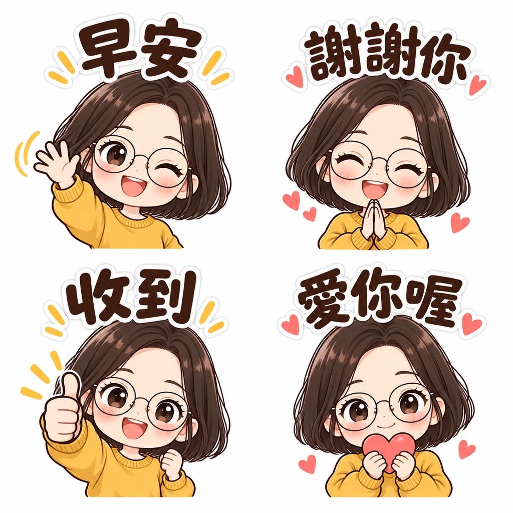 人物貼圖範例：戴眼鏡的短髮女孩以揮手、道謝、比讚與愛心動作，搭配早安、謝謝你、收到、愛你喔四句台詞