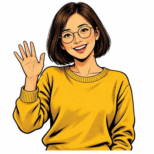 美式漫畫示意：戴圓框眼鏡、穿黃色上衣的短髮人物揮手