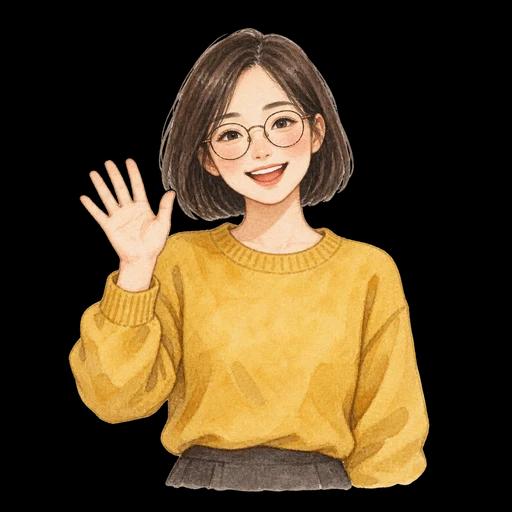 水彩手繪示意：戴圓框眼鏡、穿黃色上衣的短髮人物揮手